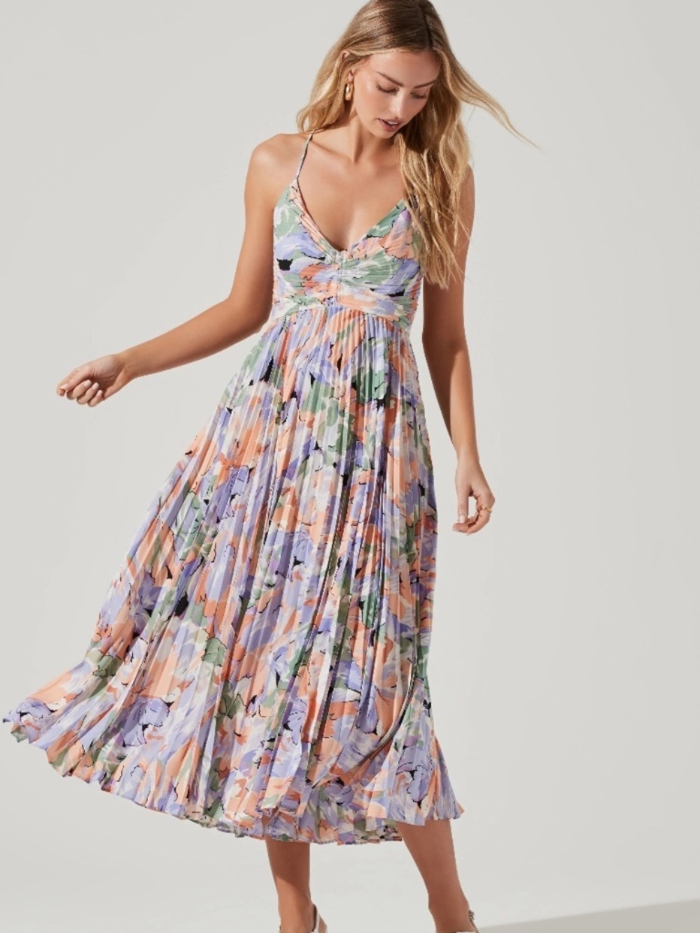 ASTR Blythe Floral Plisse Midi Dress - Coral Multi